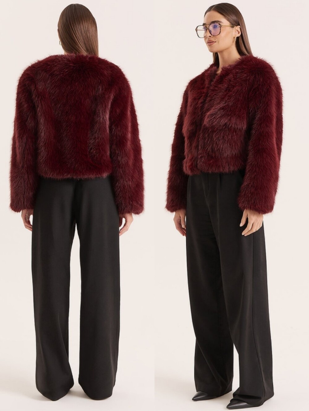 4th + Reckless Reysha Burgundy Faux Fur Cropped Jacket Boxy Fit Flap Pockets